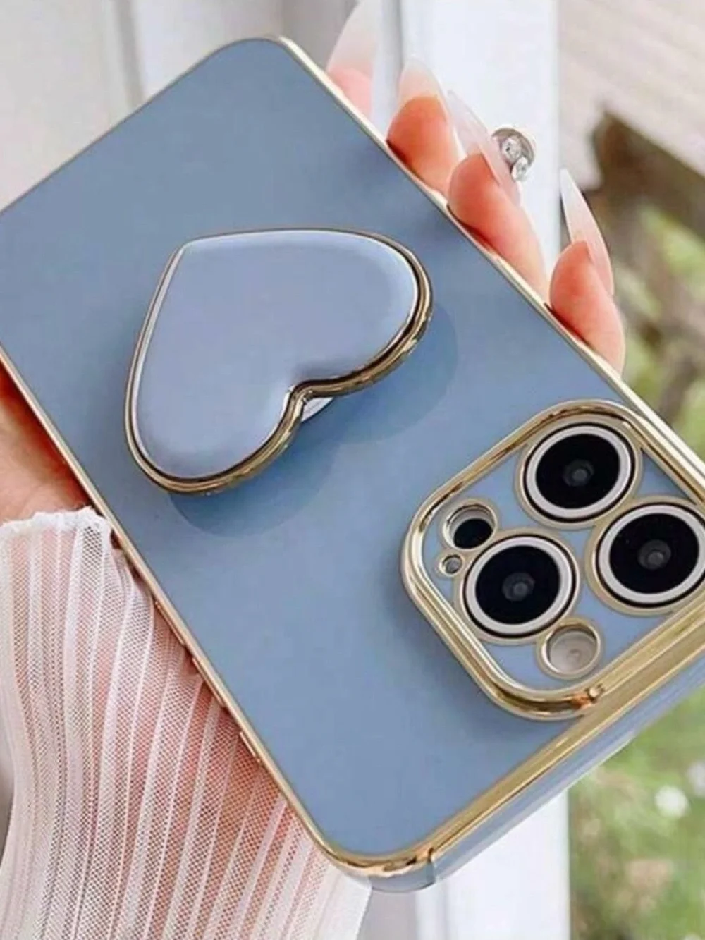 Apple-Compatible Blue Heart Grip Case with Gold Trim for iPhone 17 Pro